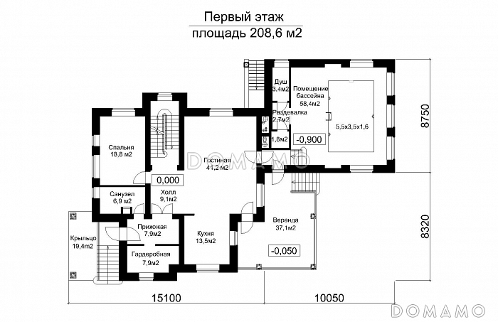 Проект загородного дома с подвалом и пристроенным бассейном / План 1 этажа Проект загородного дома с подвалом и пристроенным бассейном / План 1 этажа