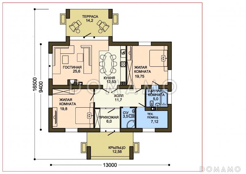 Проект одноэтажного дома с панорамным окном на крытую террасу / План 1 этажа