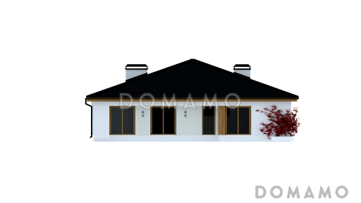 Проект квадратного одноэтажного дома из кирпича с четырьмя комнатами и гаражом для большой семьи / Фасад 1