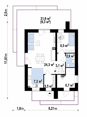 Проект двухэтажного дома с небольшой комнатой на первом этаже, кухней с окном, террасой, балконами / План 1 этажа