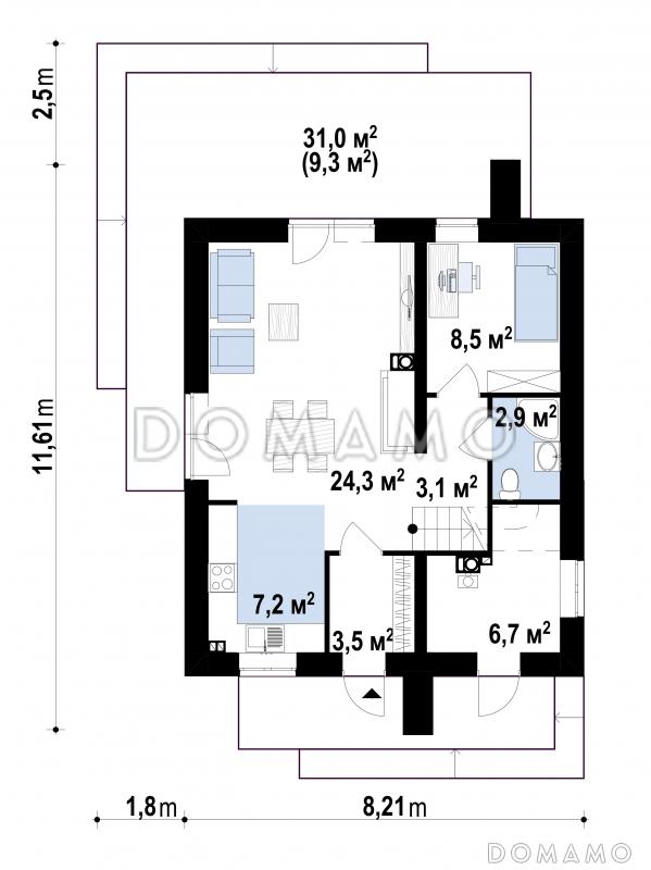 Проект двухэтажного дома с небольшой комнатой на первом этаже, кухней с окном, террасой, балконами / План 1 этажа