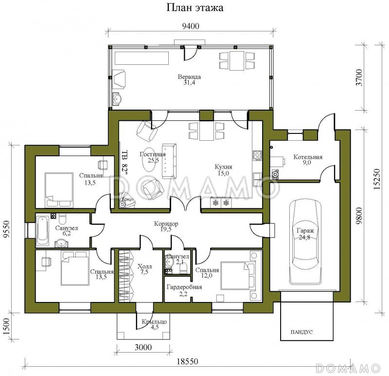 Проект одноэтажного дома с верандой, гаражом и тремя спальнями / План 1 этажа