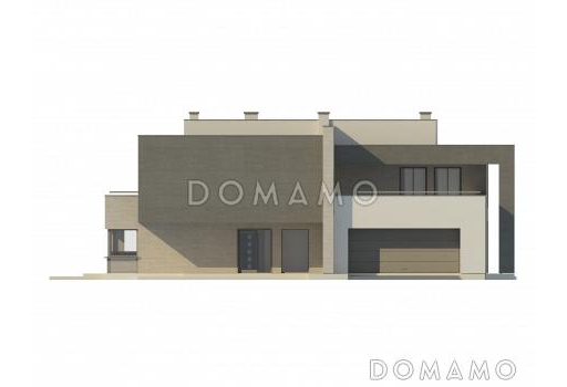 Проект большого современного двухэтажного дома из кирпича необычной формы, с тремя спальнями и кабинетом, сауной и гаражом / Фасад 1