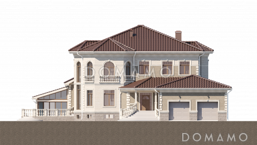 Проект дома со спортзалом, бассейном, бильярдной, просторной обеденной зоной, террасами, гаражом / Фасад 2