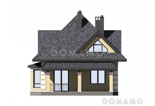 Проект одноэтажного мансардного дома из газобетона с тремя спальнями, кабинетом, эркером и крытой террасой / Фасад 3