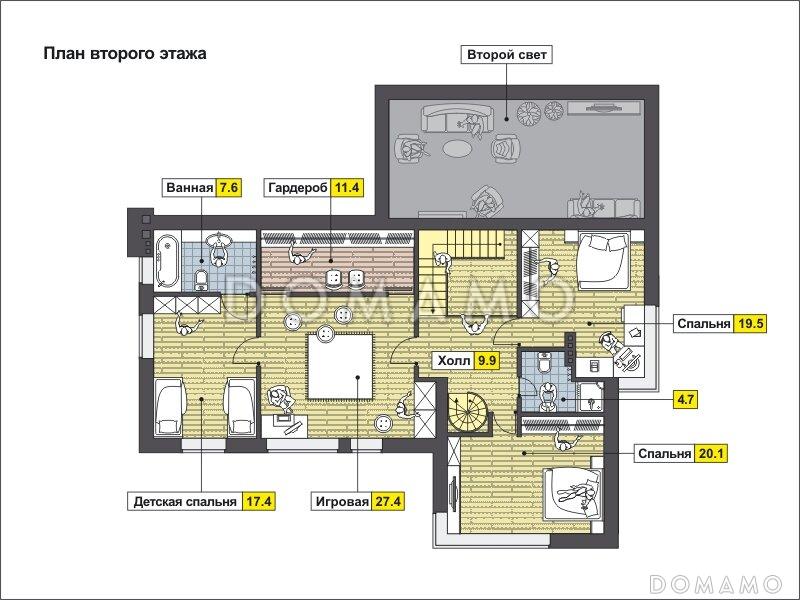 Проект дома с косой крышей, террасой, вытянутой прямоугольной кухней, просторной совмещенной гостиной столовой, спальней на первом этаже, вторым светом, игровой, кабинетом под крышей / План 2 этажа