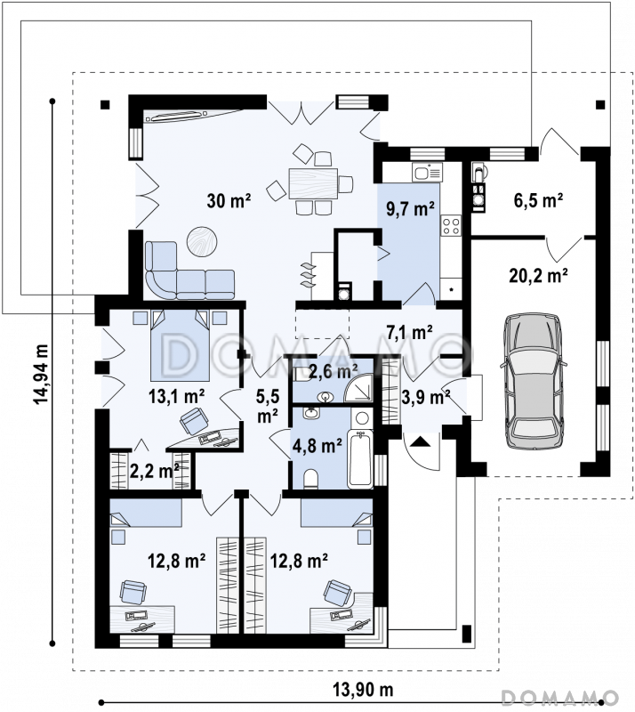 Проект одноэтажного дома из газобетона с дневной зоной в тыльной части дома и выходом на большую террасу и гаражом на один автомобиль / План 1 этажа