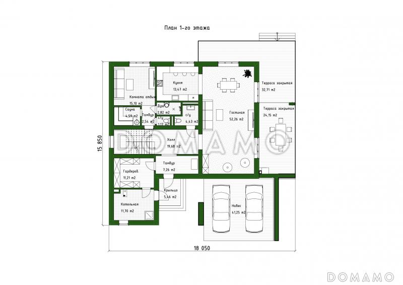 Проект дома в стиле хай-тек с 3 спальнями, большой гостиной, сауной и двухместным автонавесом / План 1 этажа