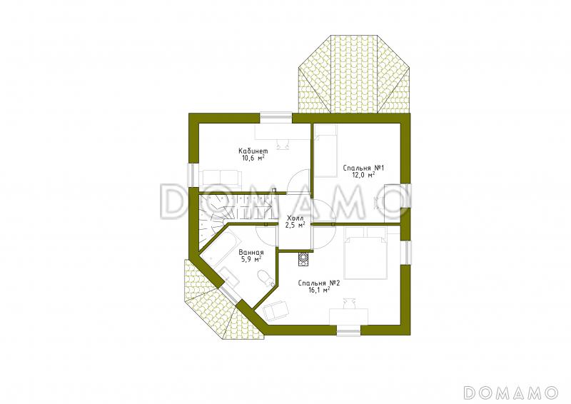 Проект квадратного коттеджа со входом с угла / План мансардного этажа