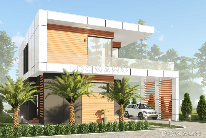 Проект дома с большой террасой и навесом для автомобиля S-158 Проект дома с большой террасой и навесом для автомобиля S-158