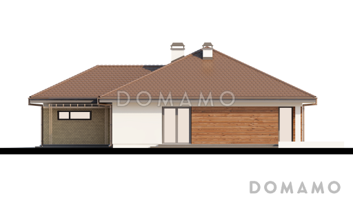 Проект одноэтажного дома из кирпича с большим гаражом и техническим помещением и частично крытой угловой террасой / Фасад 4