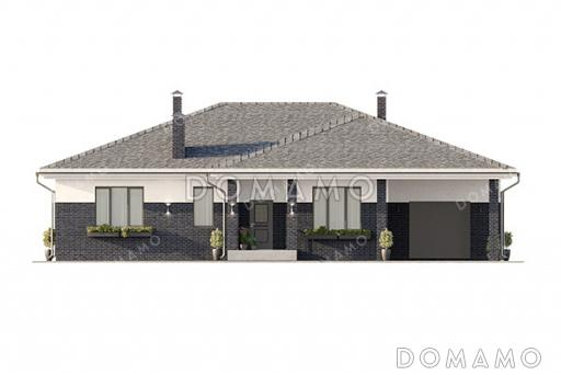 Проект большого одноэтажного дома с пристроенным гаражом, просторной кухней-гостиной, крытой застекленной верандой и навесом перед гаражом / Фасад 4