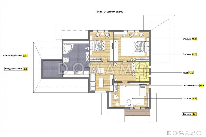Проект кирпичного дома с панорамным остеклением на веранде, гаражом и навесом для авто / План 2 этажа