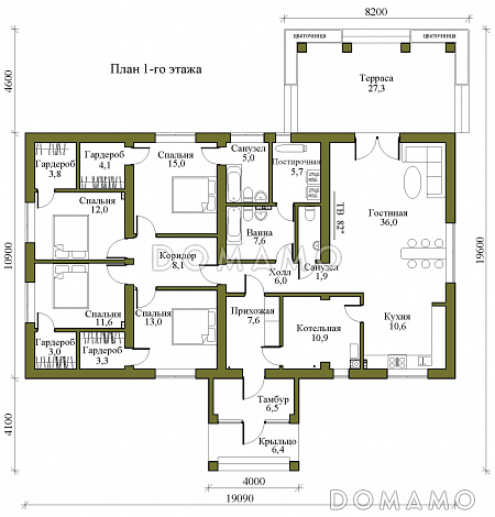 Проект одноэтажного каркасного дома с цветочной террасой и просторной кухней-гостиной / План 1 этажа