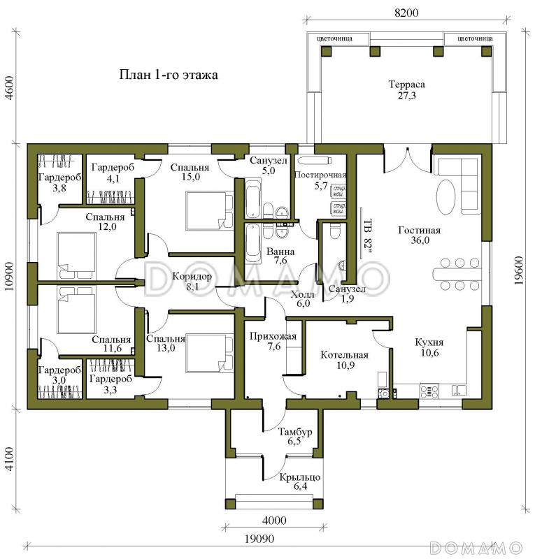 Проект одноэтажного каркасного дома с цветочной террасой и просторной кухней-гостиной / План 1 этажа