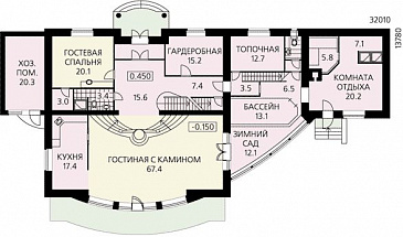 Проект двухэтажного дома с просторной гостиной, зимним садом, бассейном и кабинетом на втором этаже / План 1 этажа Проект двухэтажного дома с просторной гостиной, зимним садом, бассейном и кабинетом на втором этаже / План 1 этажа