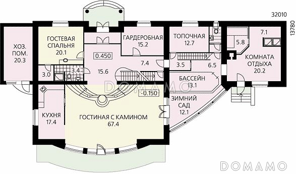 Проект двухэтажного дома с просторной гостиной, зимним садом, бассейном и кабинетом на втором этаже / План 1 этажа Проект двухэтажного дома с просторной гостиной, зимним садом, бассейном и кабинетом на втором этаже / План 1 этажа
