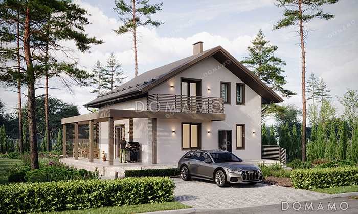 Проект дома с мансардой, большой угловой террасой и балконом