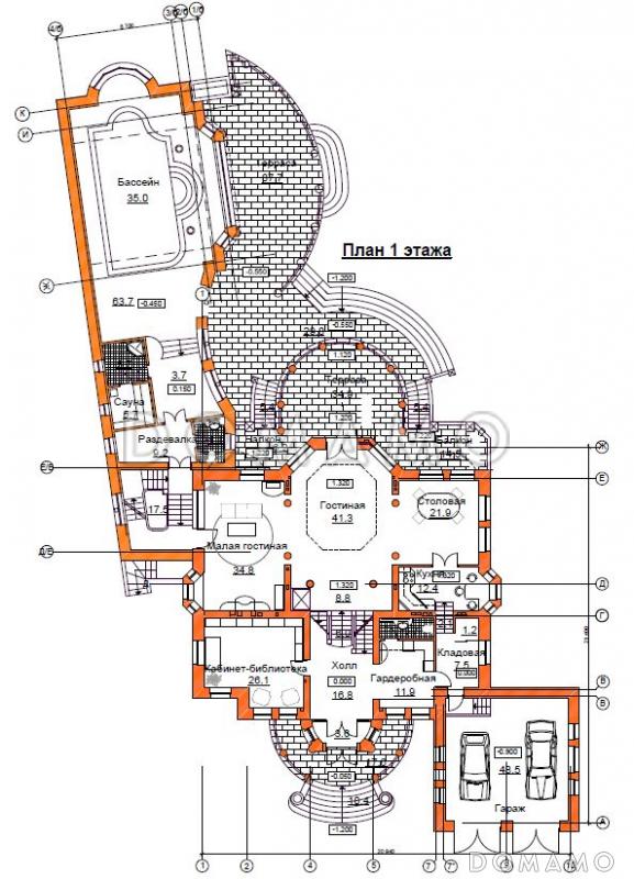 Проект загородного жилого дома спроектированного в традициях неоклассицизма начала ХХв. / План 1 этажа