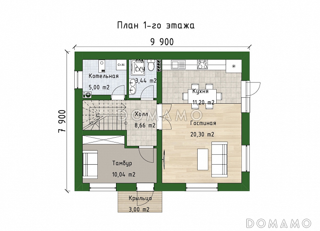 Проект компактного двухэтажного дома с 3 спальнями, гостиной и балконом / План 1 этажа Проект компактного двухэтажного дома с 3 спальнями, гостиной и балконом / План 1 этажа