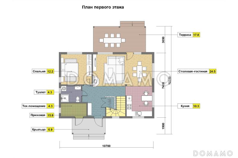 Проект кирпичного коттеджа в скандинавском стиле с 4 спальнями, светлой гостиной и террасой / План 1 этажа