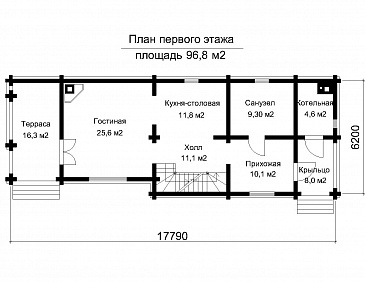 Проект двухэтажного дома из клееного бруса с подвальным этажом и холодным чердаком / План 1 этажа Проект двухэтажного дома из клееного бруса с подвальным этажом и холодным чердаком / План 1 этажа