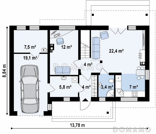 Проект компактного одноэтажного мансардного дома из кирпича с кабинетом, тремя спальнями и открытой террасой над гаражом / План 1 этажа Проект компактного одноэтажного мансардного дома из кирпича с кабинетом, тремя спальнями и открытой террасой над гаражом / План 1 этажа