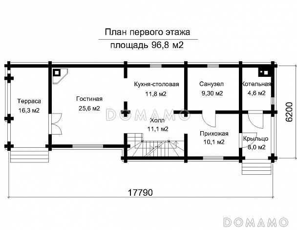 Проект двухэтажного дома из клееного бруса с подвальным этажом и холодным чердаком / План 1 этажа Проект двухэтажного дома из клееного бруса с подвальным этажом и холодным чердаком / План 1 этажа