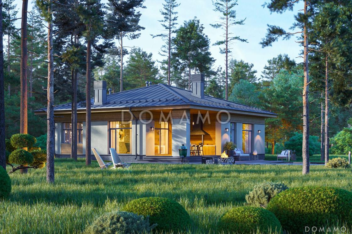 Проект каркасного дома с 3 спальнями, гостиной-столовой и террасой барбекю / 1