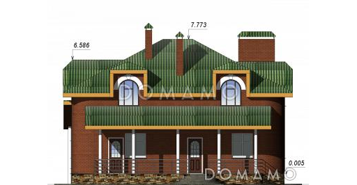 Проект одноэтажного кирпичного коттеджа с мансардным этажом / Фасад 2