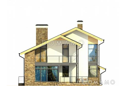 Проект частного дома из СИП панелей с навесом для автомобиля, панорамными окнами в кузне-столовой, длинным балконом на мансардном этаже / Фасад 2