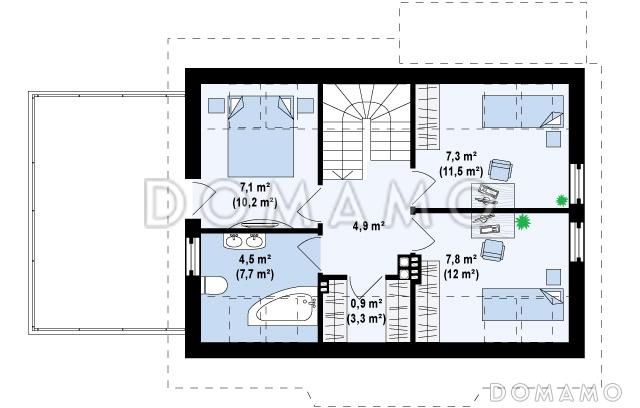 Проект одноэтажного мансардного дома из газобетона с открытой террасой над гаражом / План мансардного этажа