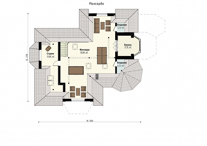 Проект семейного родового дома с террасой, балконами, кабинетами, спортивным залом, сауной / План мансардного этажа