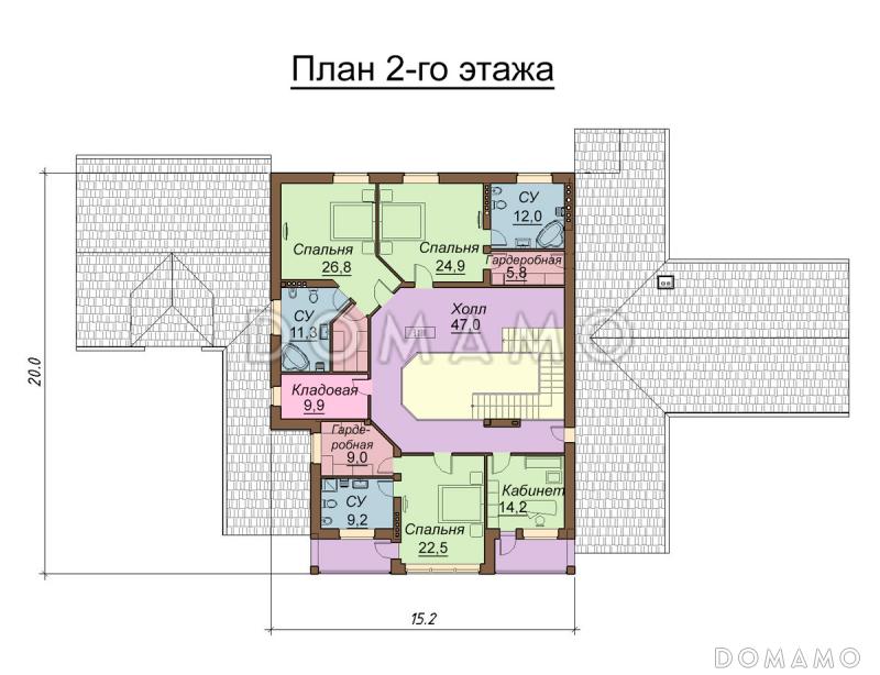 Проект двухэтажного дома с цокольным этажом, бассейном и гаражом на два автомобиля / План 2 этажа