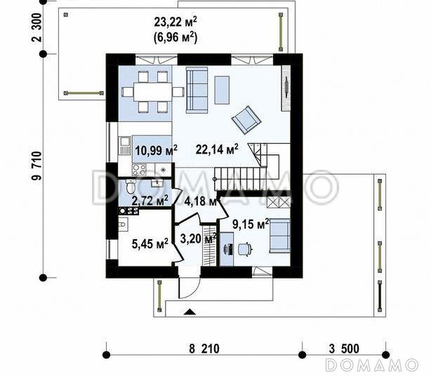 Проект двухэтажного дома с кабинетом, террасой, ванной с окном / План 1 этажа