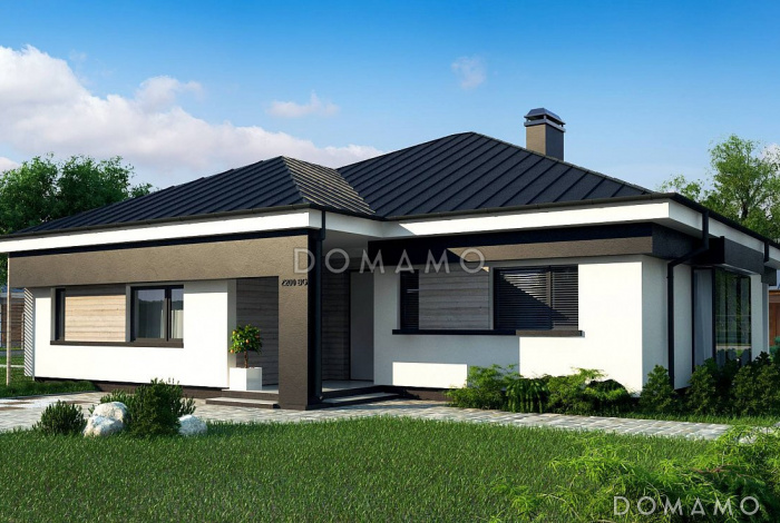 Проект загородного дома с хозяйской спальней, кухней с кладовой, ванной с окном