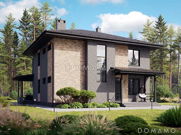 Проект дома из газобетона с кабинетом, гостевой, террасой и тремя спальнями