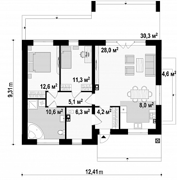 Проект одноэтажного дома из кирпича с оригинальной открытой террасой / План 1 этажа Проект одноэтажного дома из кирпича с оригинальной открытой террасой / План 1 этажа