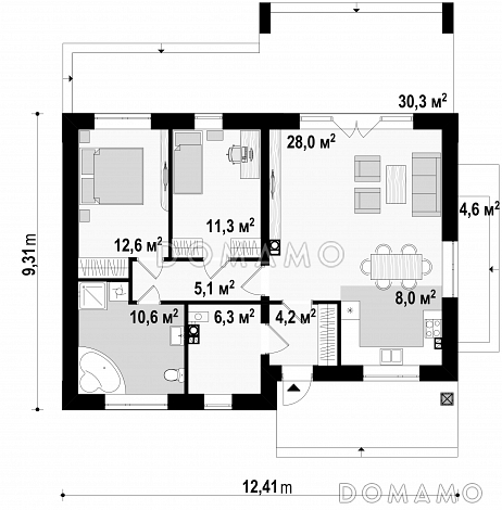 Проект одноэтажного дома из кирпича с оригинальной открытой террасой / План 1 этажа Проект одноэтажного дома из кирпича с оригинальной открытой террасой / План 1 этажа