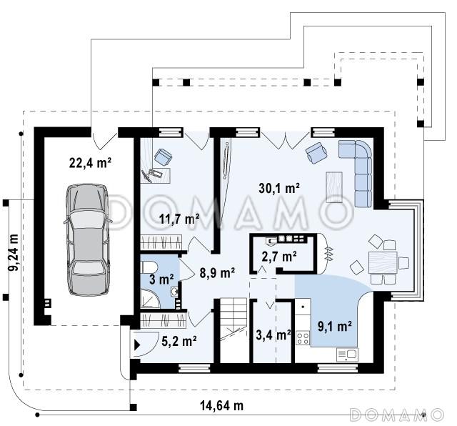 Проект одноэтажного мансардного дома из газобетона с эркером в кухонной зоне, вертикальным мансардным окном и гаражом / План 1 этажа