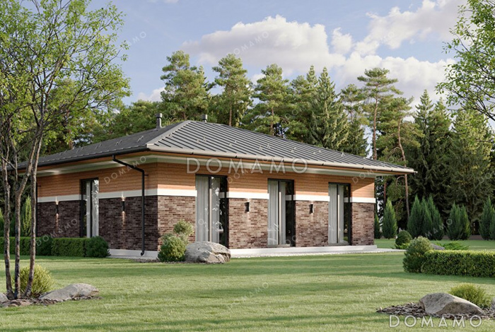 Проект одноэтажного дома с окнами в пол, тремя спальнями и выходом из гостиной в сад Проект одноэтажного дома с окнами в пол, тремя спальнями и выходом из гостиной в сад