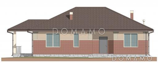 Проект одноэтажного дома с тремя спальнями, объединенной гостиной-кухней, небольшой террасой и хозяйственным помещением / Фасад 3