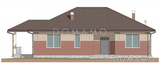 Проект одноэтажного дома с тремя спальнями, объединенной гостиной-кухней, небольшой террасой и хозяйственным помещением / Фасад 3