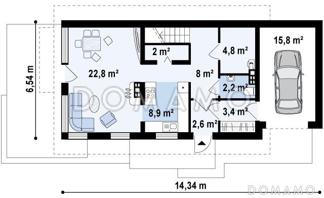 Проект мансардного одноэтажного дома из кирпича с тремя спальнями, гаражом и террасой над ним / План 1 этажа