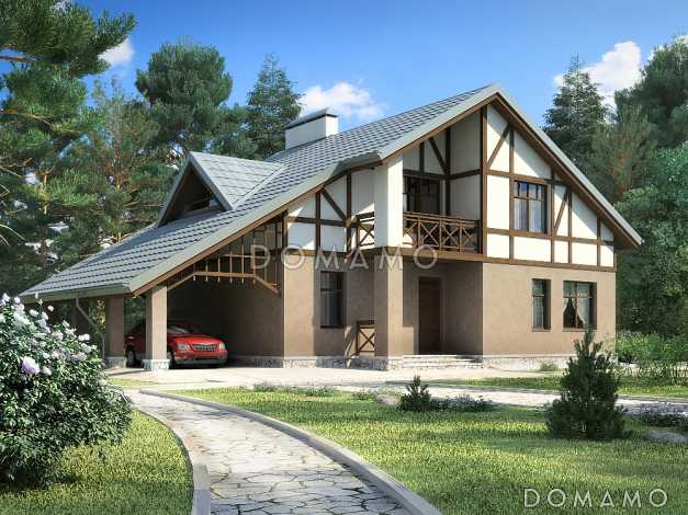 Проект дома в стиле фахверк с двусветной гостиной и навесом для машины Проект дома в стиле фахверк с двусветной гостиной и навесом для машины