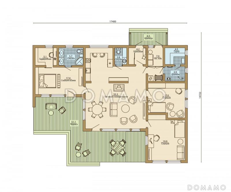 Проект уютного одноэтажного каркасного дома с большой открытой террасой / План 1 этажа Проект уютного одноэтажного каркасного дома с большой открытой террасой / План 1 этажа