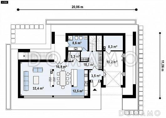 Проект современного двухэтажного дома из газобетона с панорамным остеклением и просторной террасой на втором этаже / План 1 этажа
