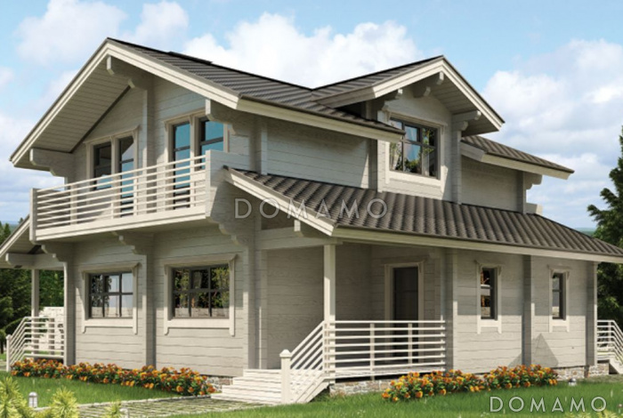 Проект дома из клееного бруса с симметричной планировкой второго этажа 