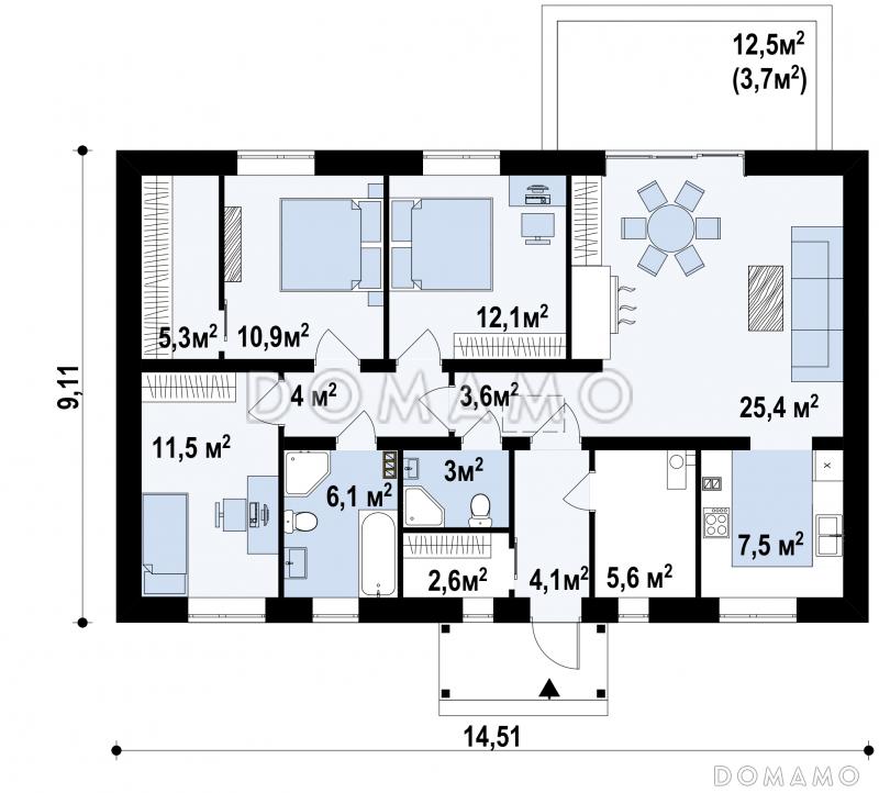 Проект уютного одноэтажного дома из кирпича с разделением дневной зоны и зоны отдыха / План 1 этажа