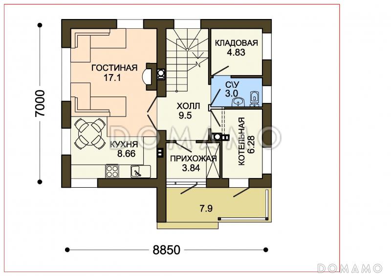 Проект небольшого двухэтажного коттеджа в польском стиле / План 1 этажа